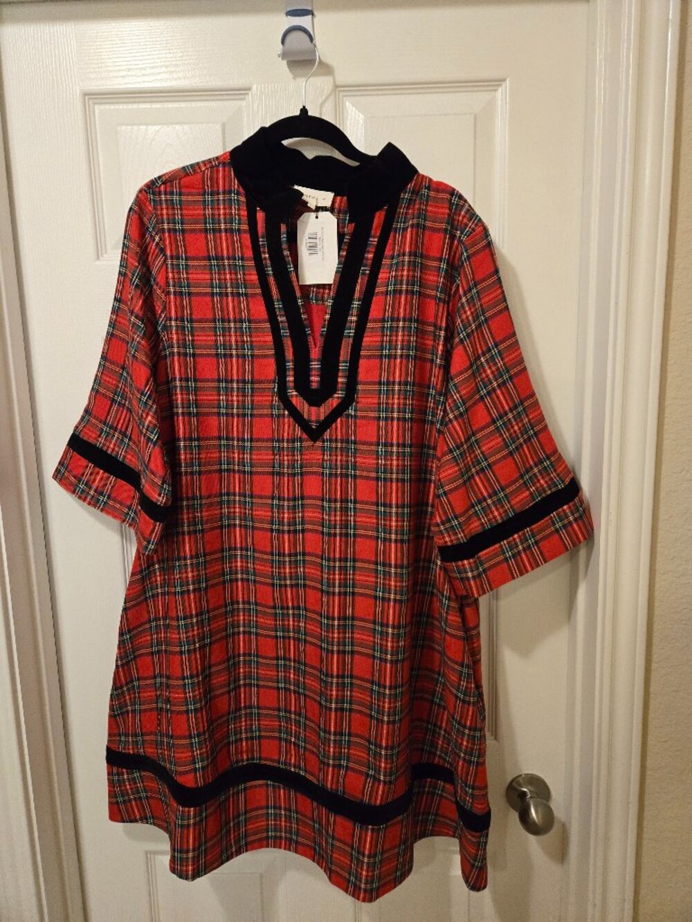 Entro 1x red plaid midi dress with velvet trim